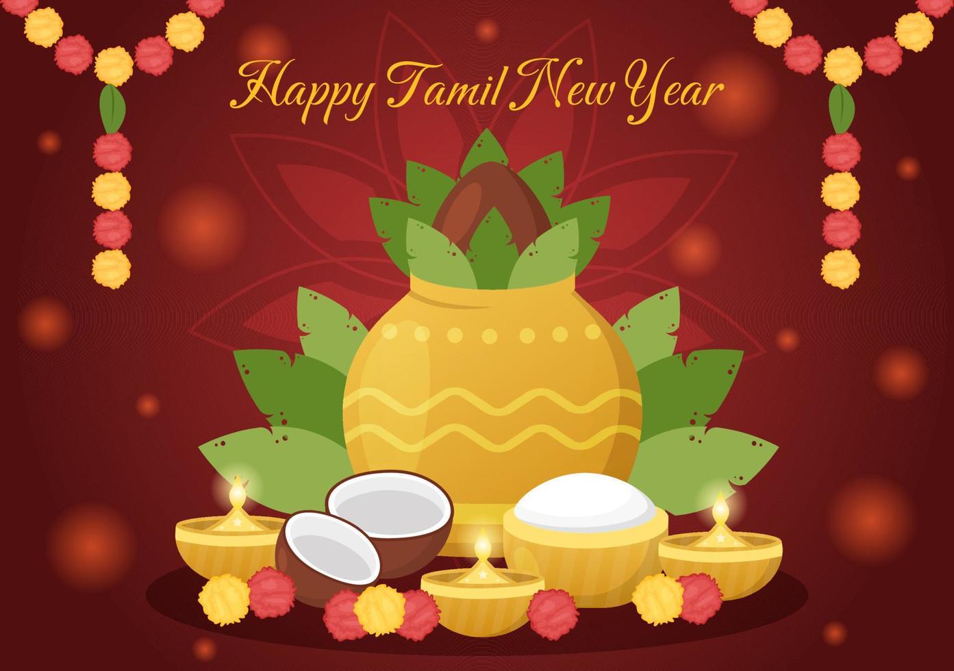 Happy Tamil New Year Illustration with Vishu Flowers, Pots and Indian Hindu Festival in Flat Cartoon Hand Drawn for Landing Page Templates vector