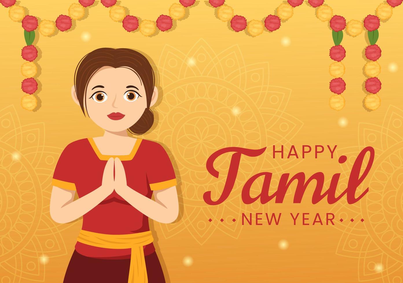 Happy Tamil New Year Illustration with Vishu Flowers, Pots and Indian Hindu Festival in Flat Cartoon Hand Drawn for Landing Page Templates vector