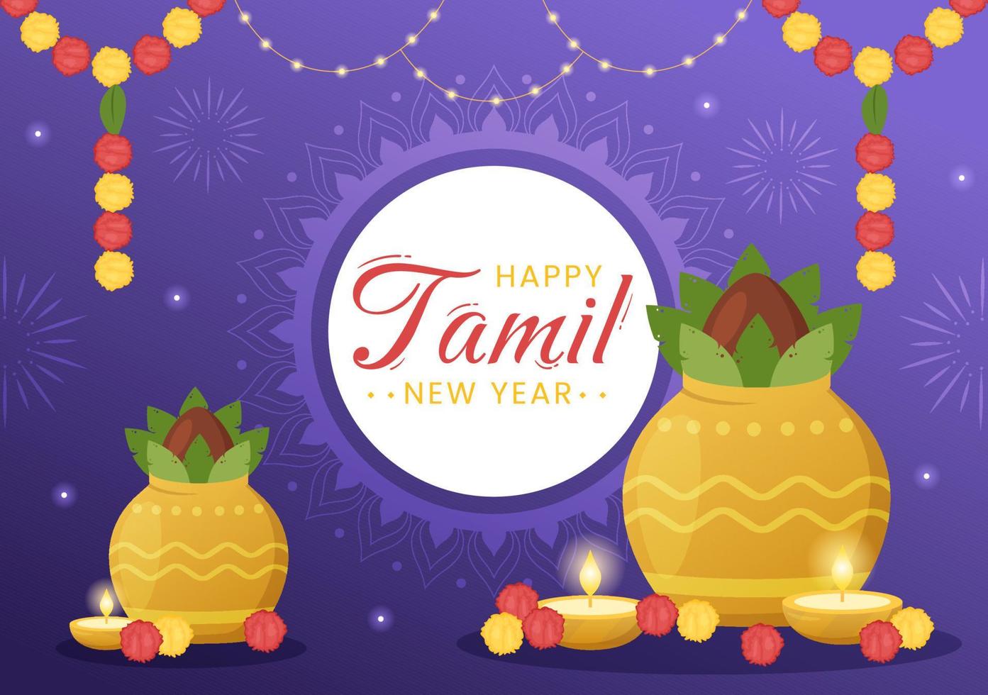 Happy Tamil New Year Illustration with Vishu Flowers, Pots and Indian Hindu Festival in Flat Cartoon Hand Drawn for Landing Page Templates vector