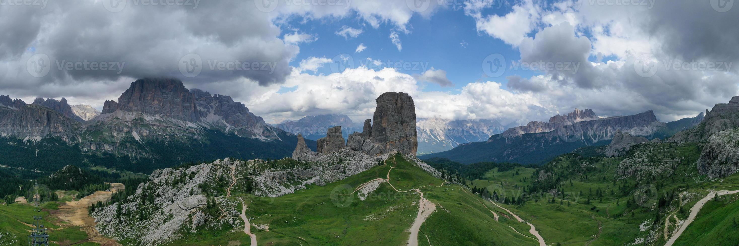 Panoramic landscape of the Cinque Torri in the  Dolomite mountains of Italy. photo