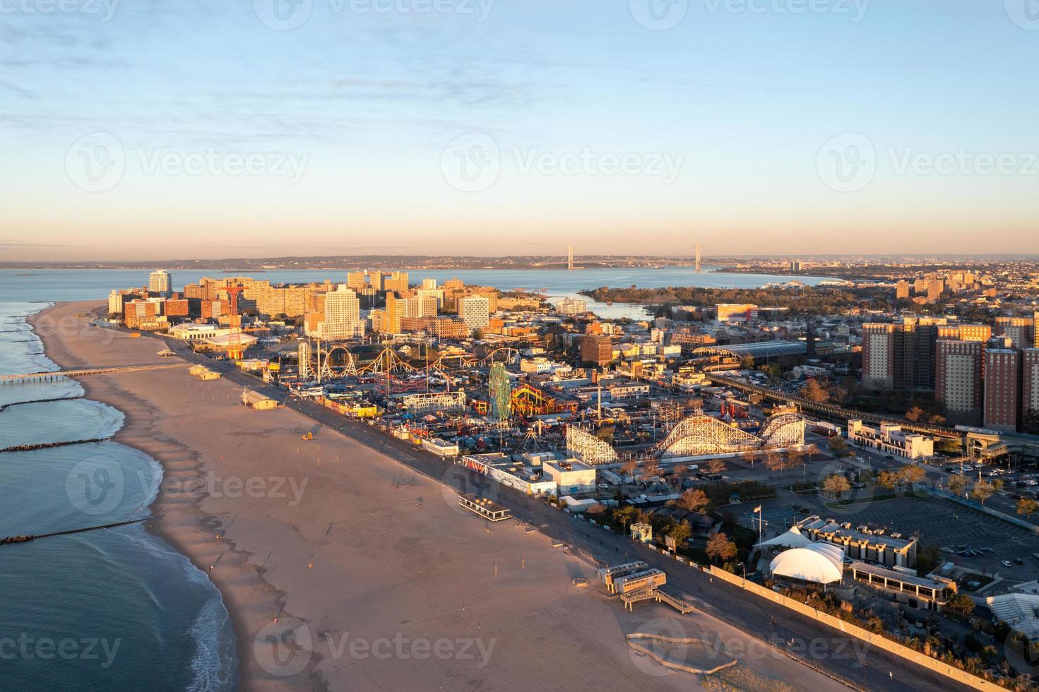 Aerial view along Coney Island in Brooklyn, New York at sunrise. photo