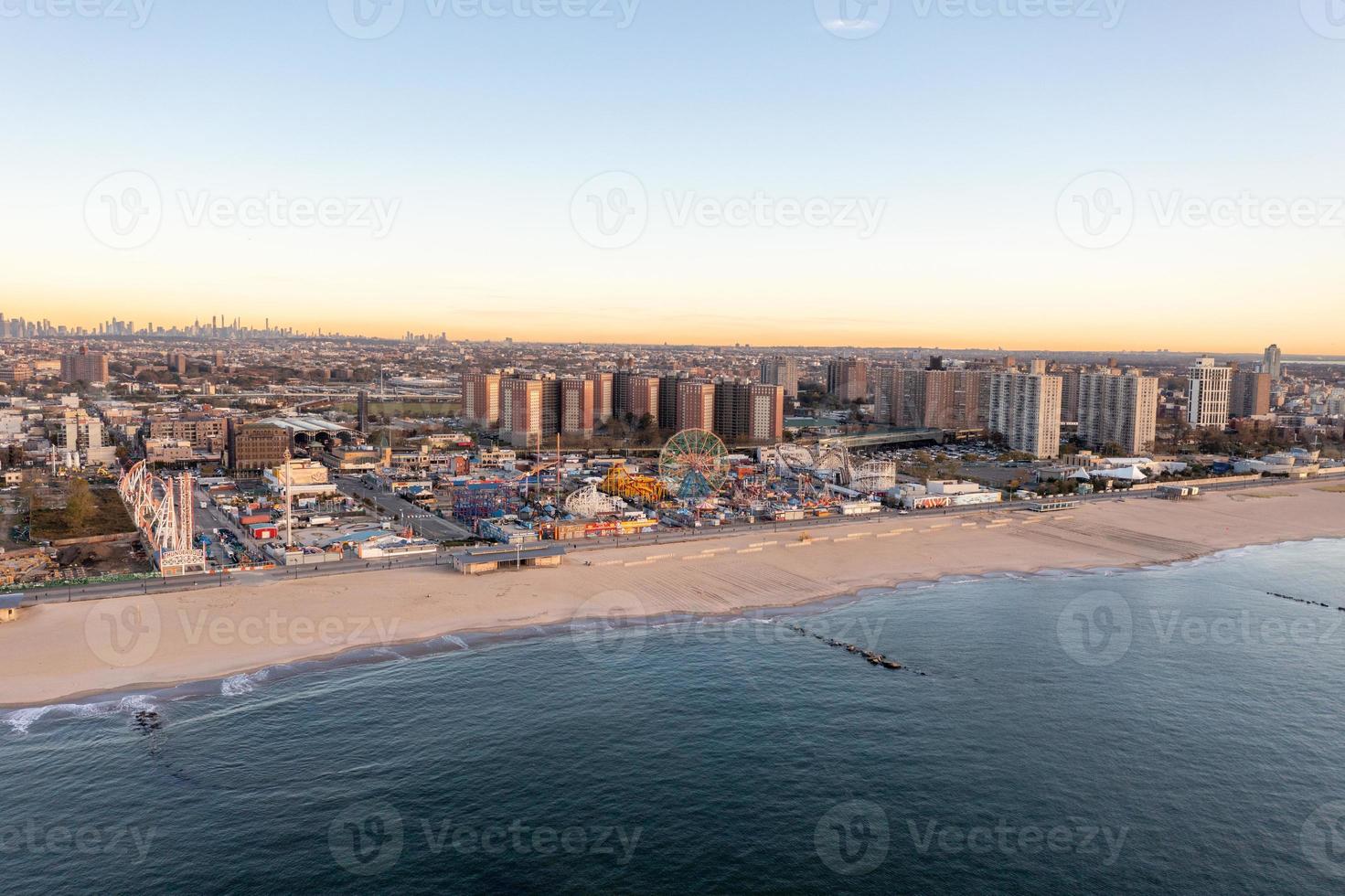 Aerial view along Coney Island in Brooklyn, New York at sunrise. photo