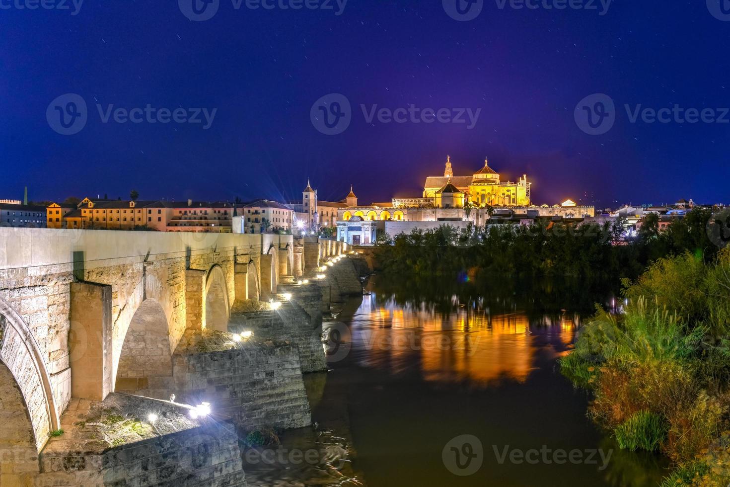 View of the Roman Bridge, a stone bridge that spans the river Guadalquivir in Cordoba, Spain at night. photo