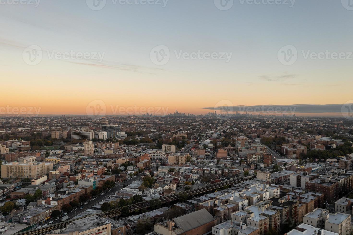 Aerial view along the train tracks of Coney Island in Brooklyn, New York at sunrise. photo