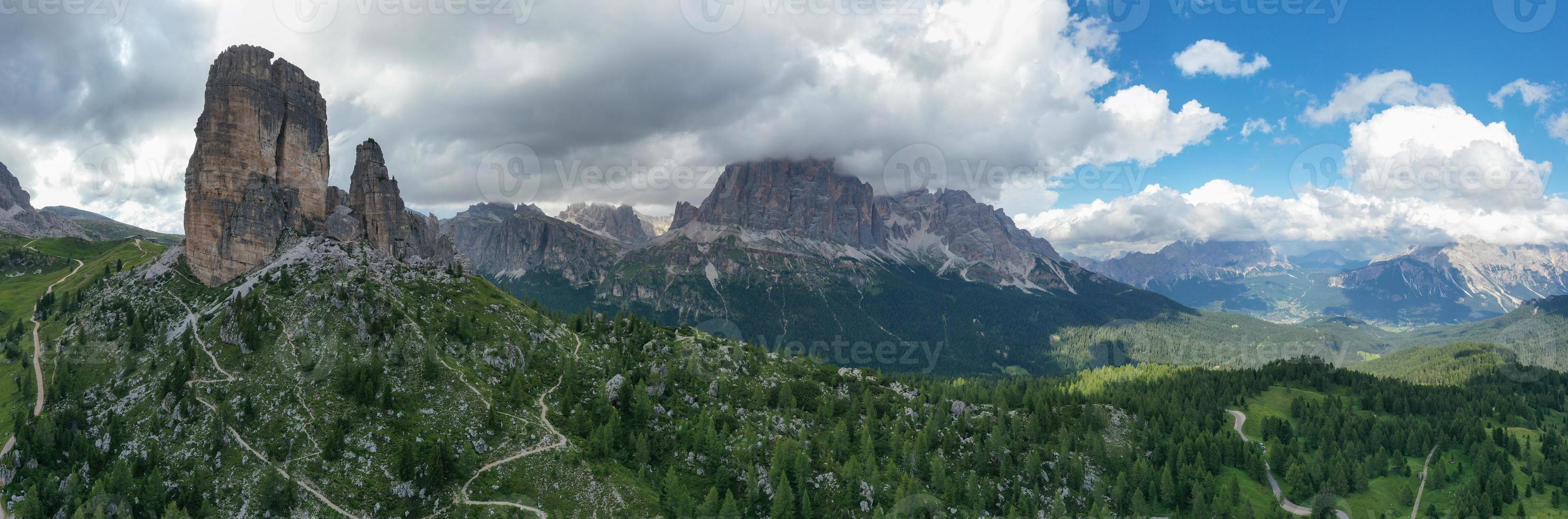 Panoramic landscape of the Cinque Torri in the  Dolomite mountains of Italy. photo