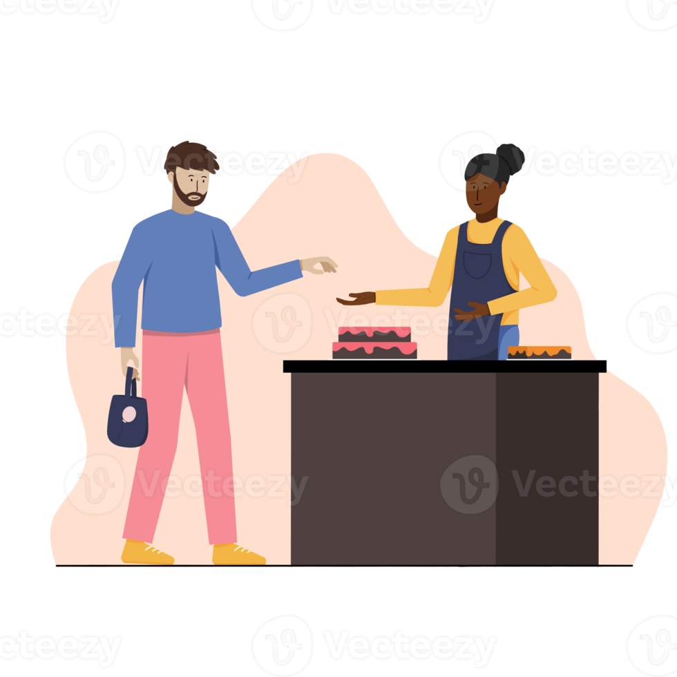 Illustration Character buying gifts and birthday cake to seller png
