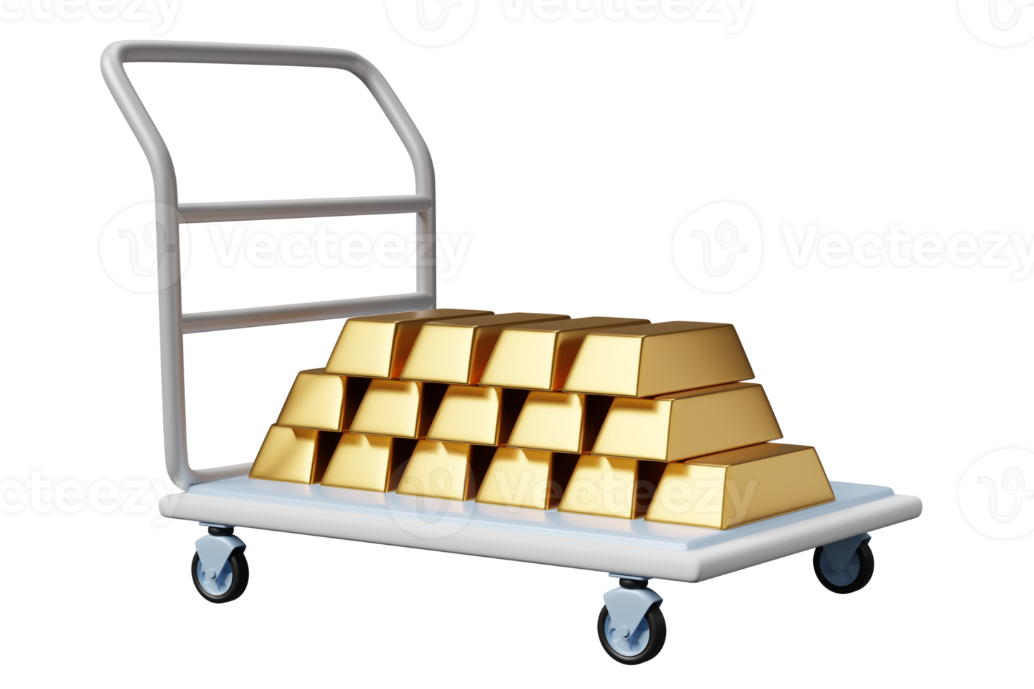 Gold bars pile on warehouse trolley icon 3d, platform trolley isolated. investment or business finance, loan concept, 3d render illustration png