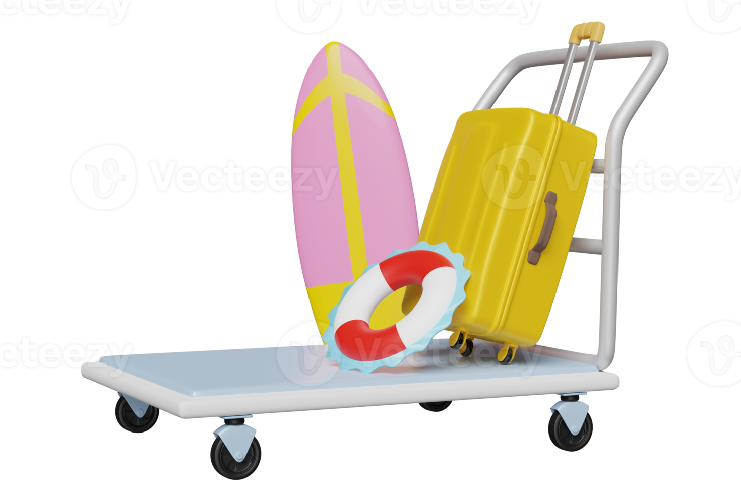 aeropuerto carretilla 3d con amarillo maleta, tabla de surf, boya salvavidas aislado. verano viaje concepto, 3d ilustración o 3d hacer png