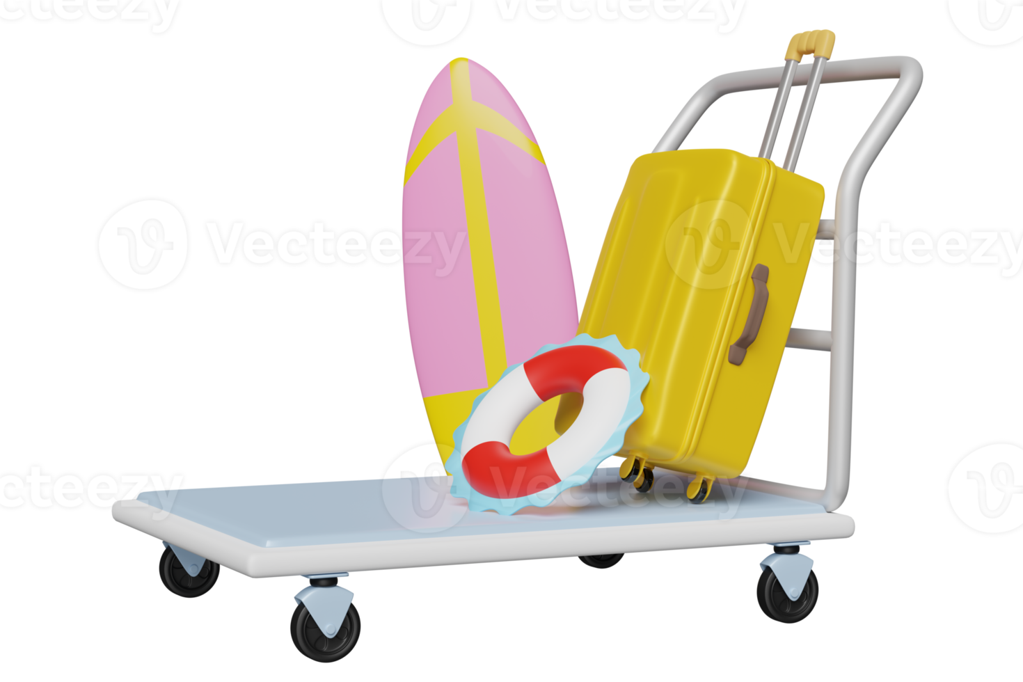 Airport trolley 3d with yellow suitcase, surfboard, lifebuoy isolated. summer travel concept, 3d illustration or 3d render png