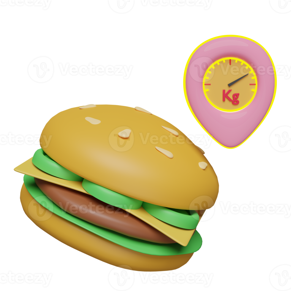 3d burger or hamburger with pin, weighing scale isolated. gain weight, lose weight concept, 3d render illustration png