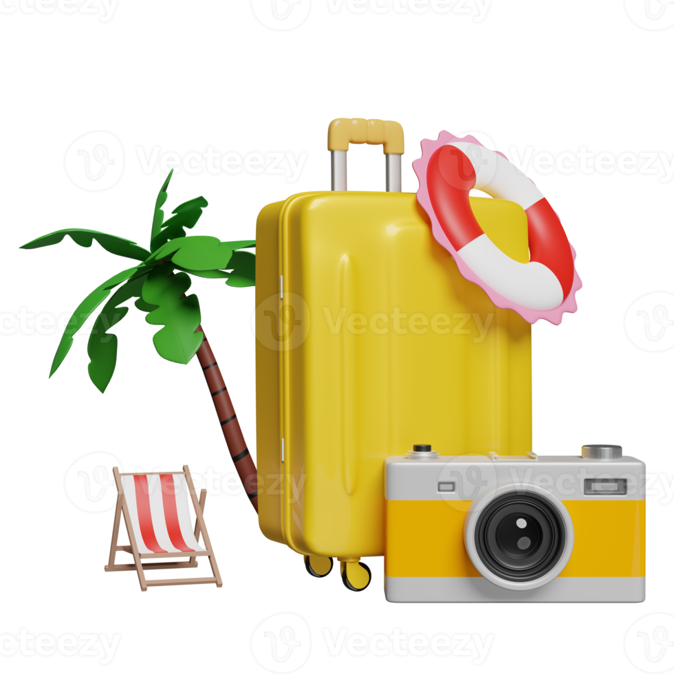 3d summer travel with yellow suitcase, beach chair, palm tree, camera, lifebuoy isolated. summer beach trip, 3d render illustration png