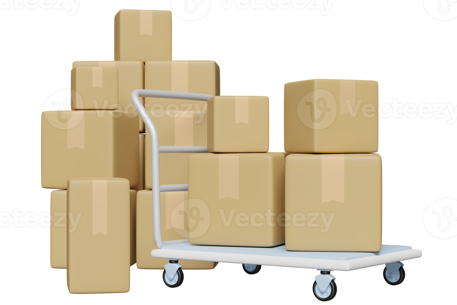 3d warehouse trolley empty, platform trolley with goods cardboard box icon isolated. 3d render illustration png