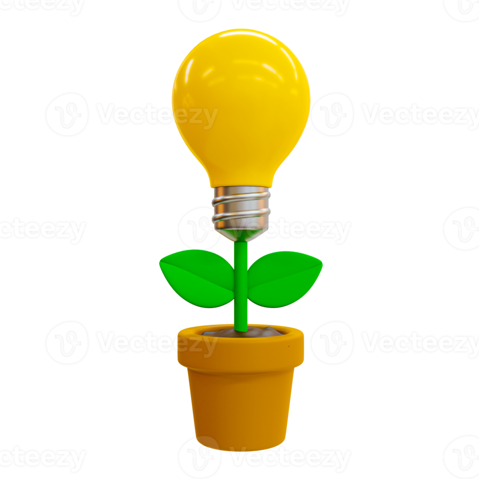 3d minimal growth mindset concept. learning growth concept.  Light bulb growing from a tree pot. 3d rendering illustration. png