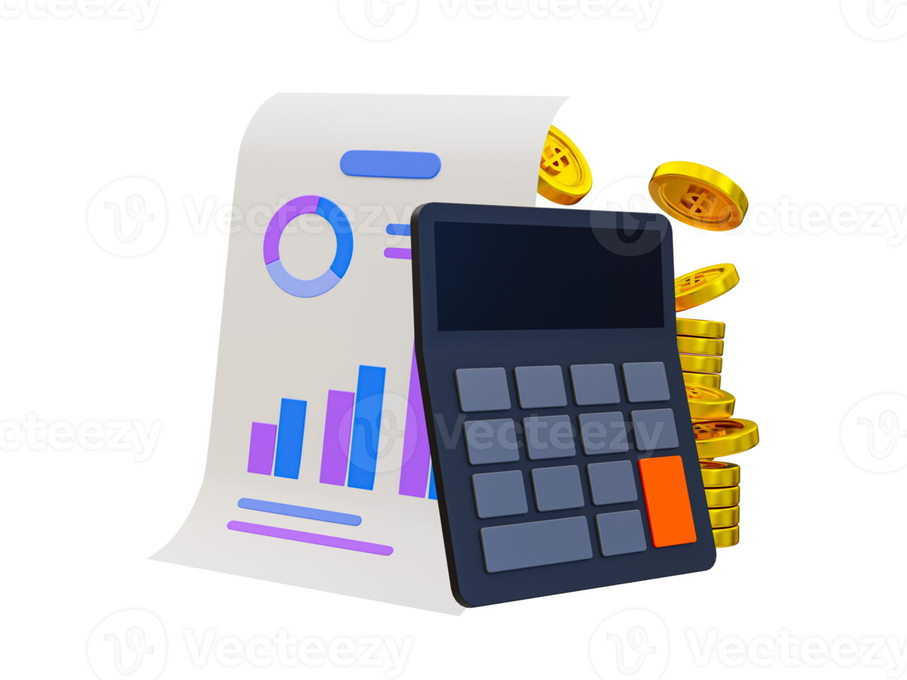 3d minimal marketing strategy concept. business analysis. marketing data analysis. Calculator with a statistic paper and a pile of money. 3d illustration. png