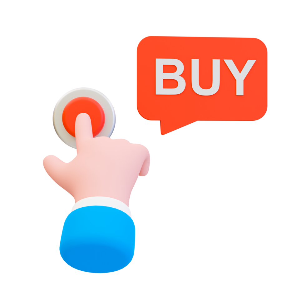 3d minimal special discount concept. Marketing strategy. Best price offer. Cartoon hand pressing a button to buy something. 3d illustration. png