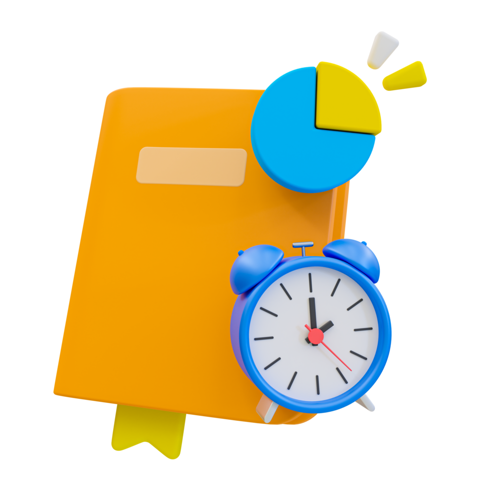 3d minimal Student learning growth concept. Time management for reading a book. sharing time for reading concept. textbook with an alarm clock and pie graph. 3d rendering illustration. png