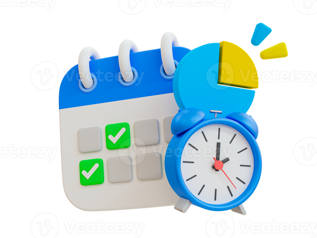 3d minimal time management concept. schedule organization. future life planning. Calendar with an alarm clock and pie graph. 3d illustration. png