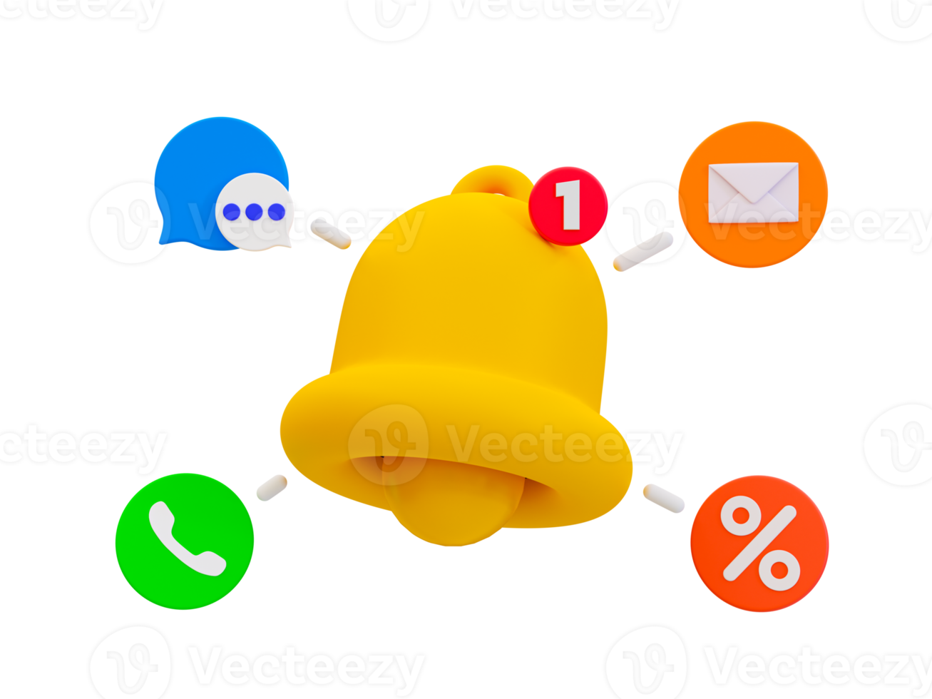 3d minimal Online app notifications concept. social media app reminder. bell icon with a chat, mail, phone icon, and percent icon. 3d illustration. png