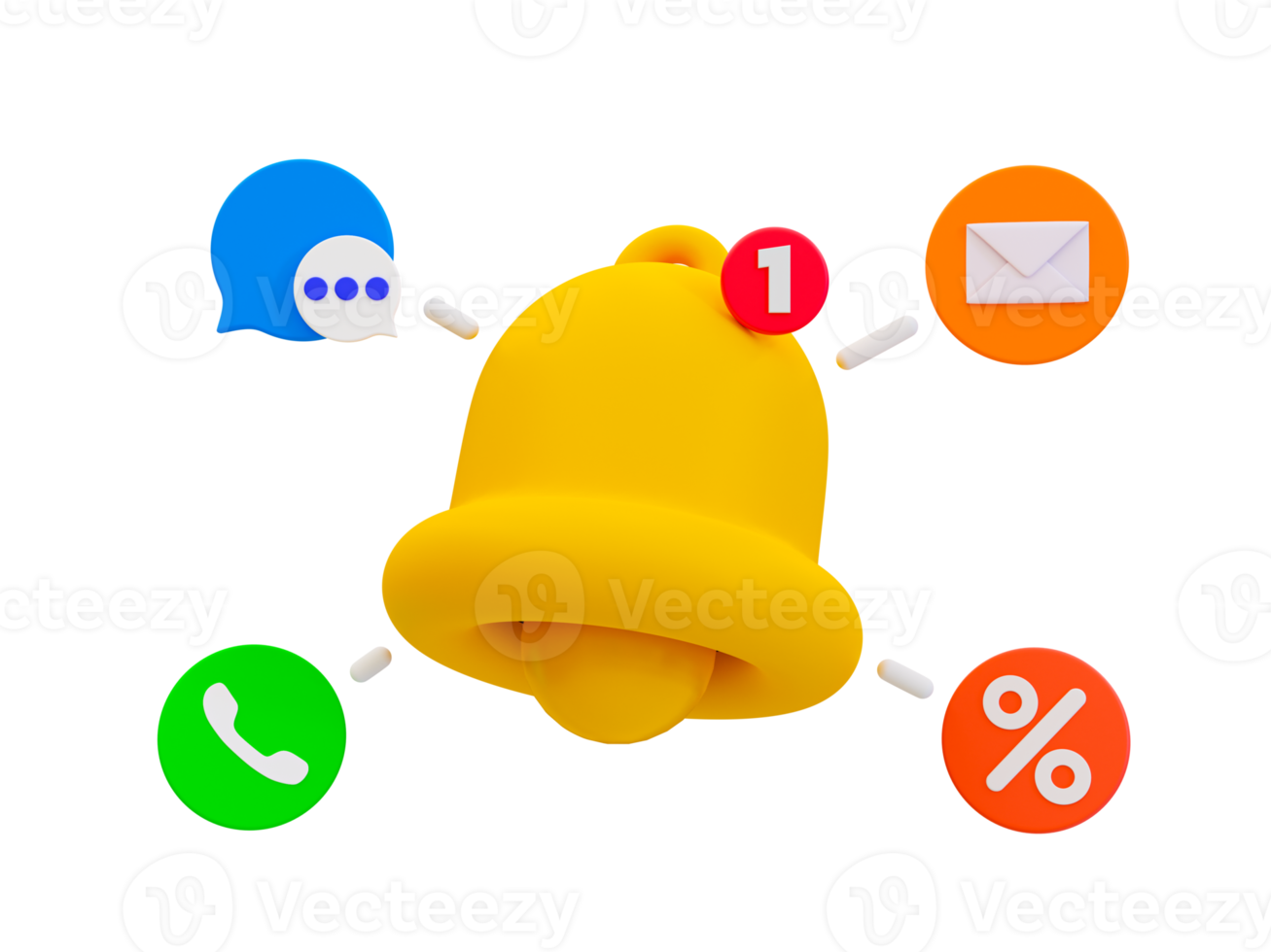 3d mínimo en línea aplicación notificaciones concepto. social medios de comunicación aplicación recordatorio. campana icono con un charlar, correo, teléfono icono, y por ciento icono. 3d ilustración. png