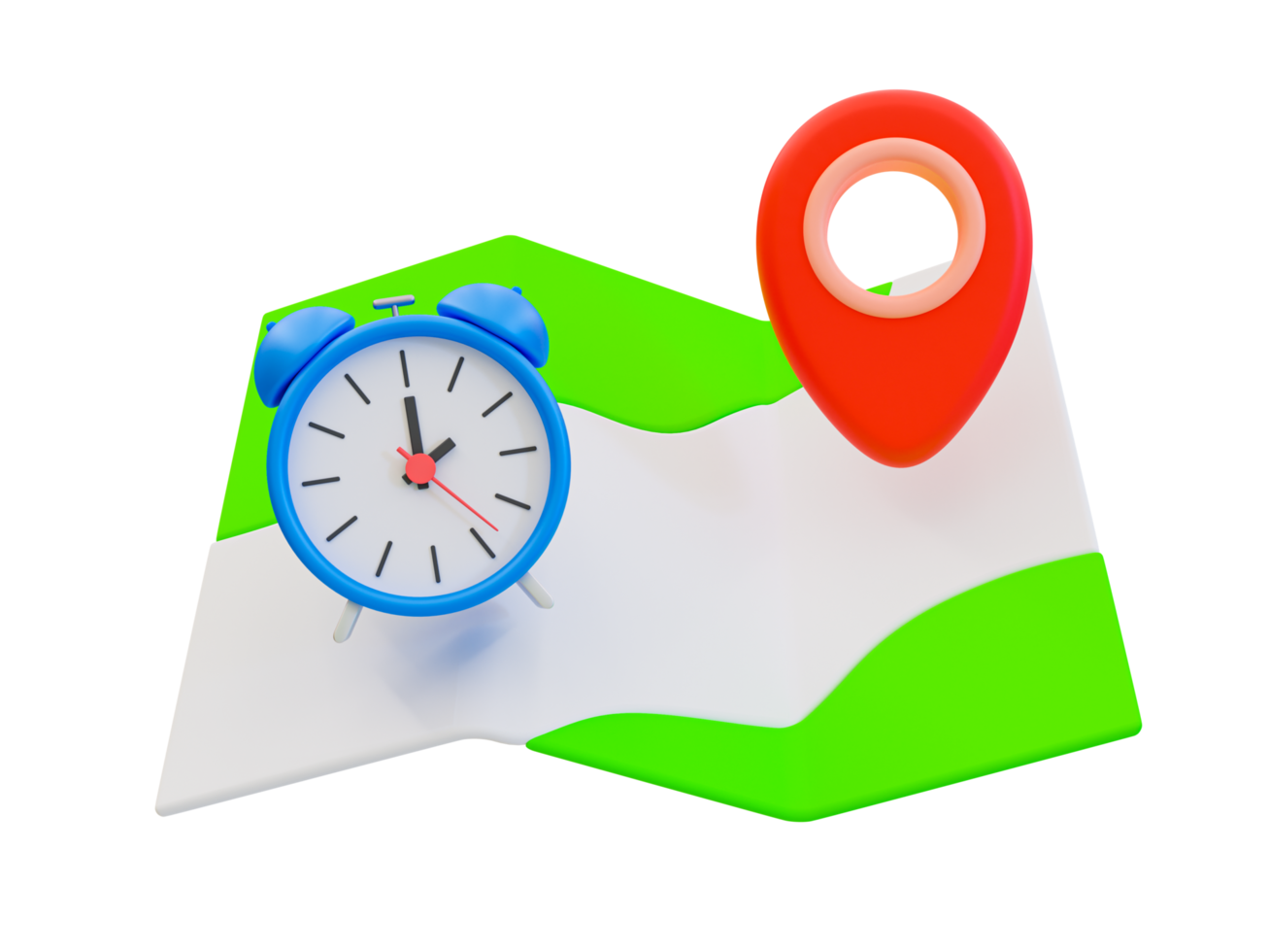 3d minimal travel map icon. Vacation trip. Recreational time concept. Map with an alarm clock and location icon. 3d illustration. png