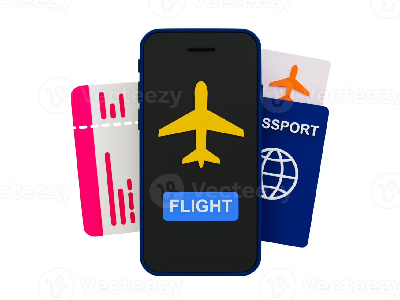 3d minimal vacation trip concept. Traveling abroad concept. Relaxation time on a holiday. Smartphone with a plane ticket and passport book. 3d illustration. png