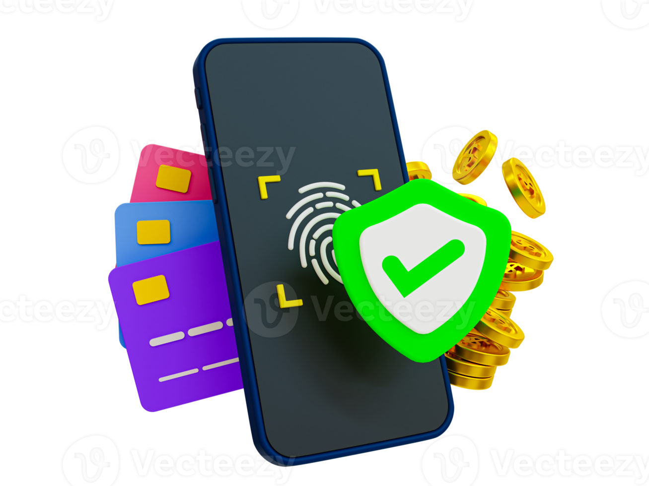 3d minimal moneyless payment concept. payment security system. online payment system. smartphone with a fingerprint screen, credit cards, and a pile of money. 3d illustration. png