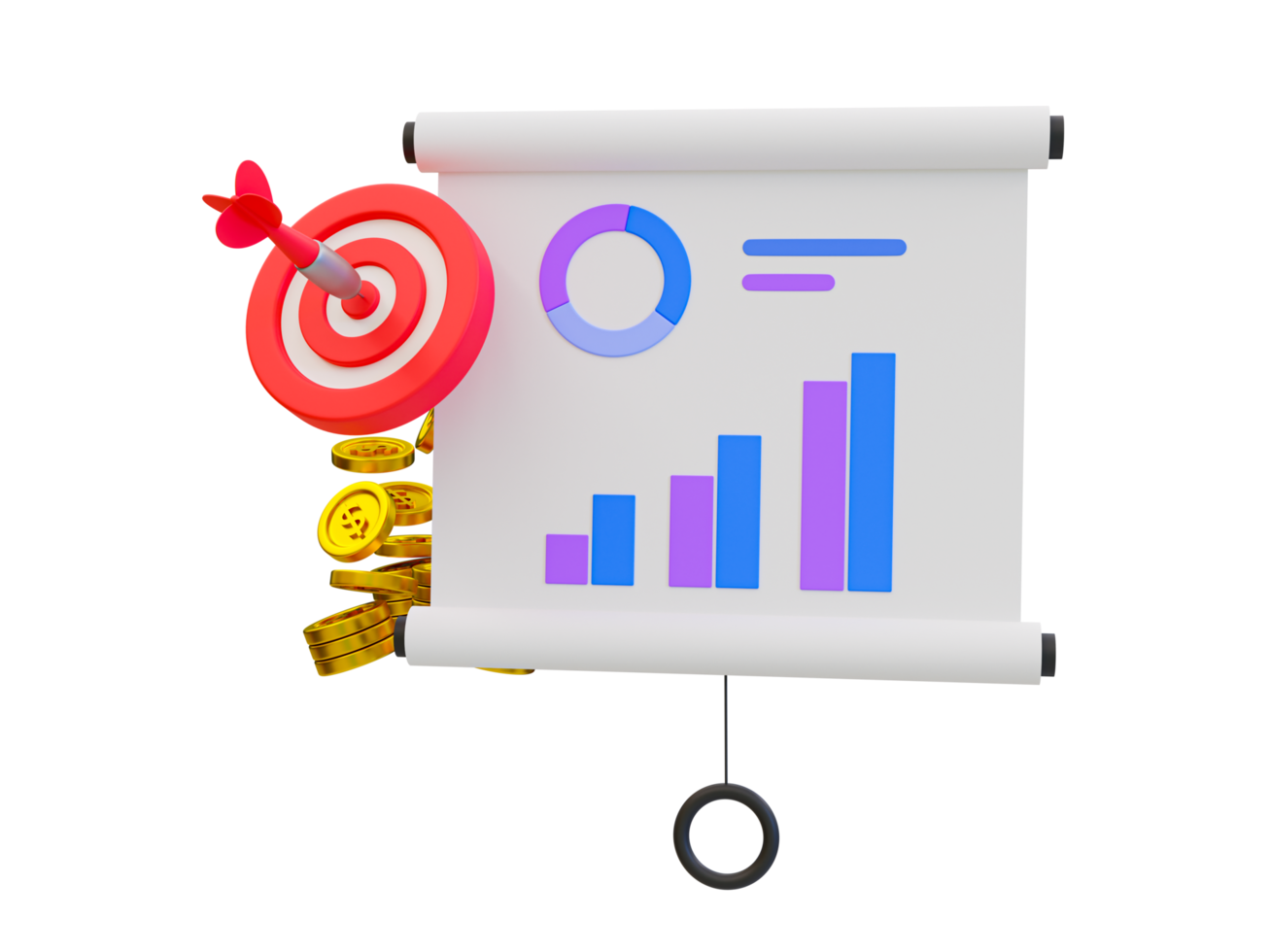 3d mínimo negocio objetivo concepto. estadística datos análisis. márketing estrategia. proyector tablero con un gráfico grafico, dardo junta, y un pila de dinero. 3d ilustración. png