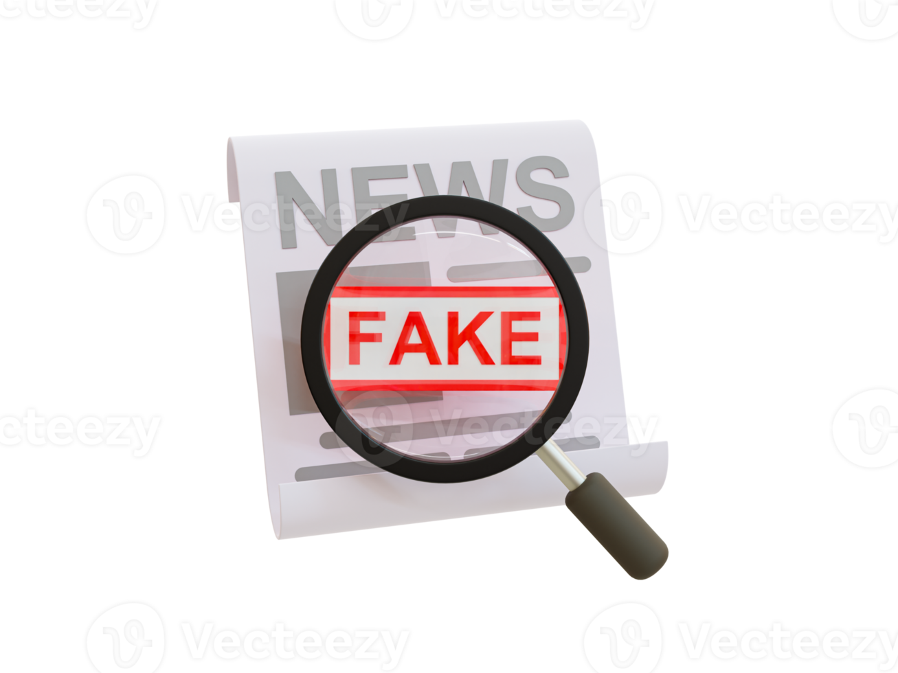 3d minimal fake news concept. Disseminating fake news through social media. newspaper with a magnifying glass. 3d illustration. png