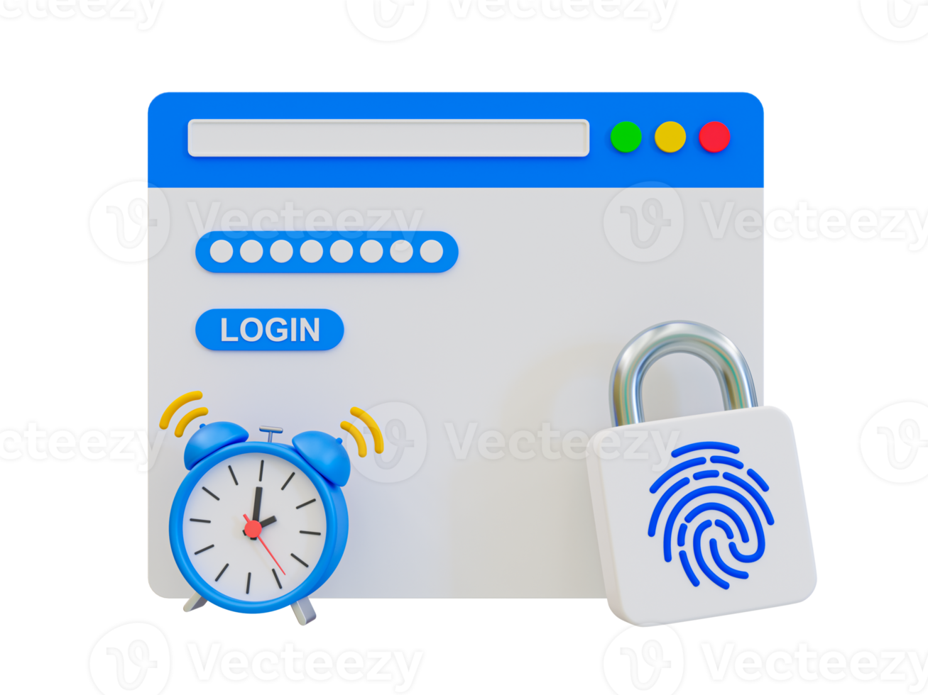 3d minimal password changing. Password forgotten. Password security. Web page with a padlock and alarm clock. 3d illustration. png