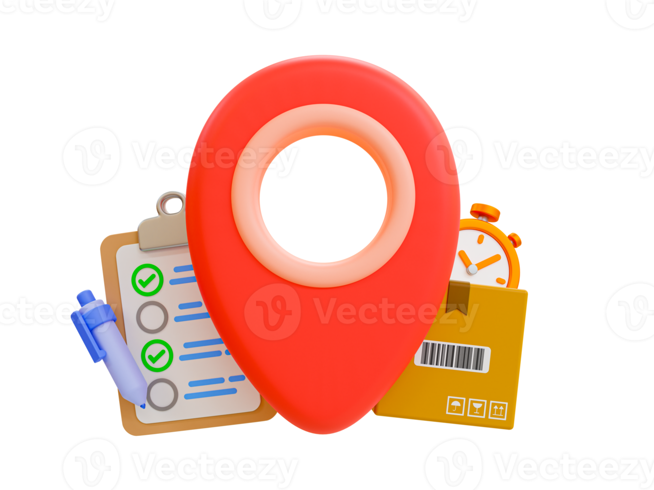 3d minimal products delivery. Parcels transportation. Goods distribution. Cargo preparation for sending. location icon with cargo, stopwatch, order clipboard, and a pen. 3d rendering illustration. png
