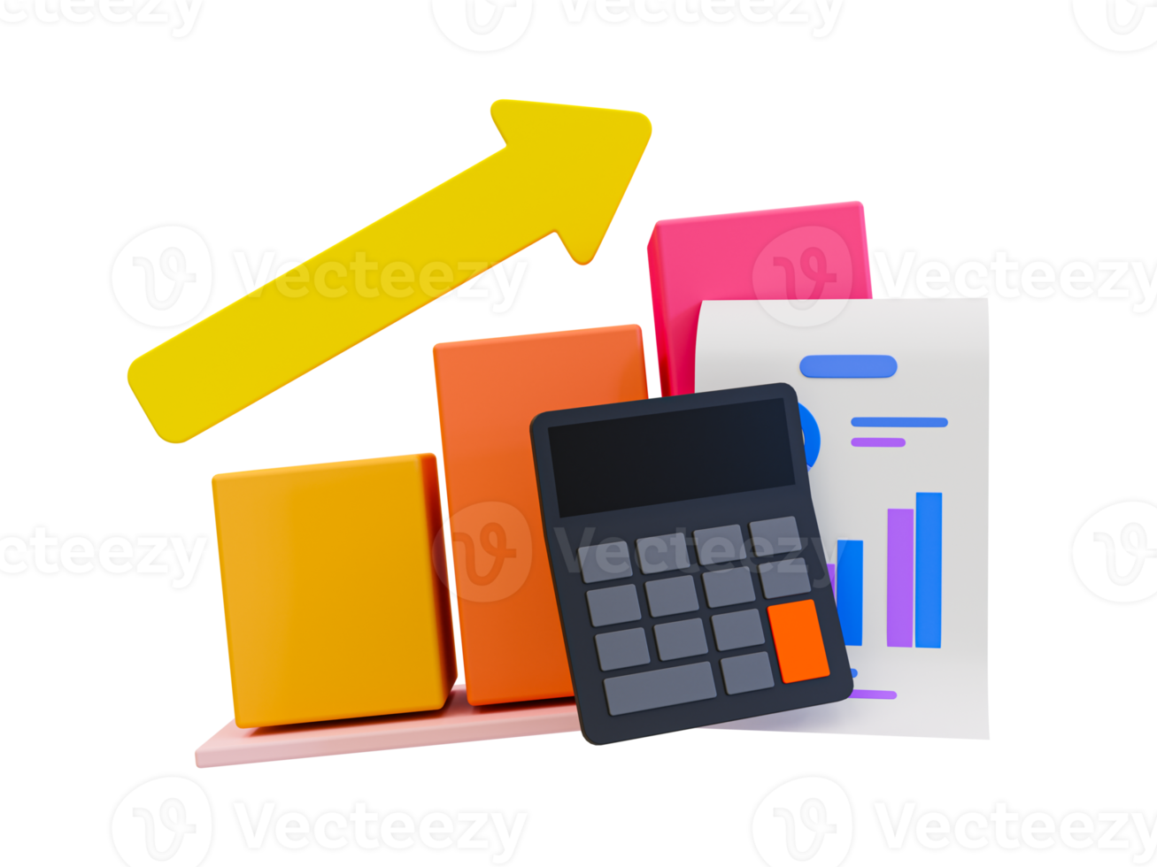 3d minimal Marketing Strategie Konzept. Geschäft Analyse. Marketing Daten Analyse. Bar Graph mit ein Gelb Pfeil steigend, statistisch Papier, und ein Taschenrechner. 3d Illustration. png