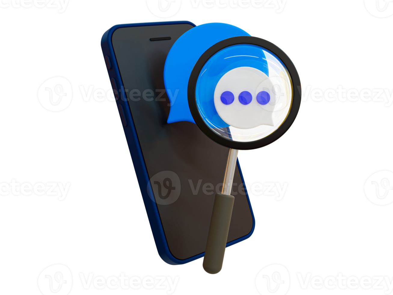 3d minimal filtering of the sending of messages. message peeping concept. word-usage checking. smartphone with a chat icon and magnifying glass. 3d illustration. png