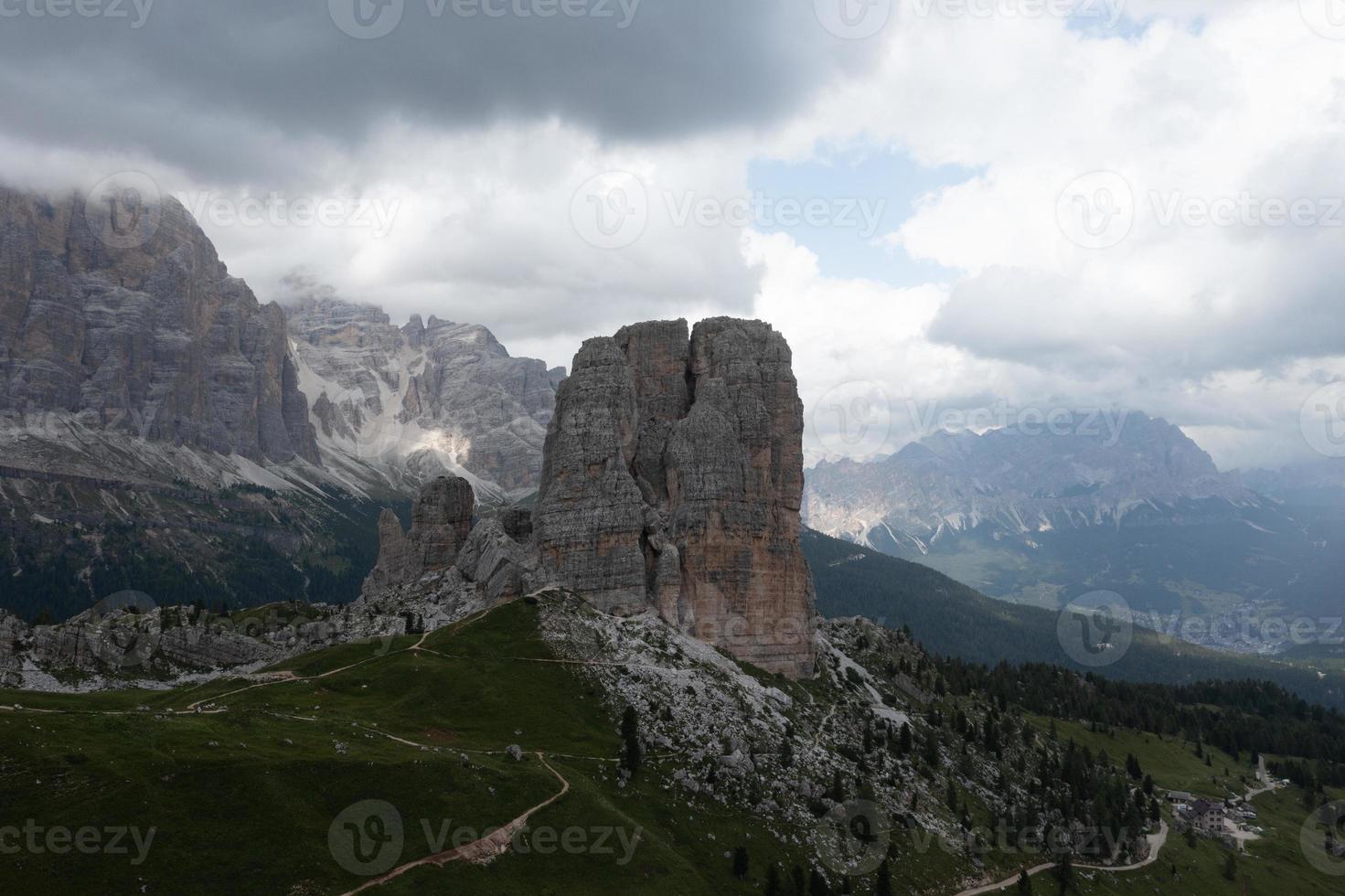 Panoramic landscape of the Cinque Torri in the  Dolomite mountains of Italy. photo