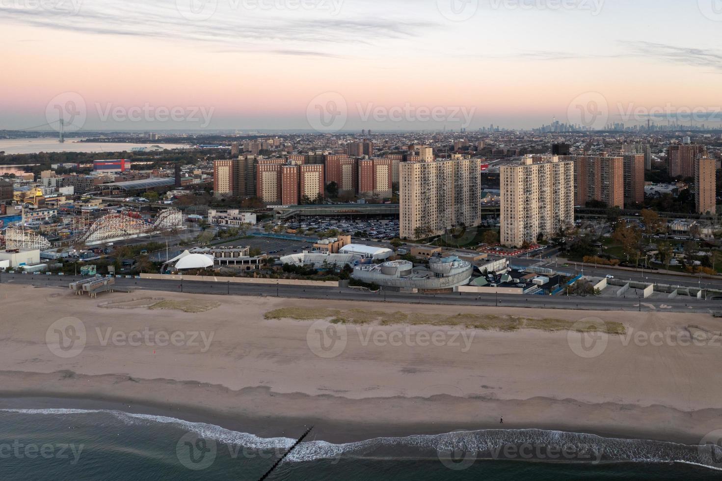 Aerial view along Coney Island in Brooklyn, New York at sunrise. photo