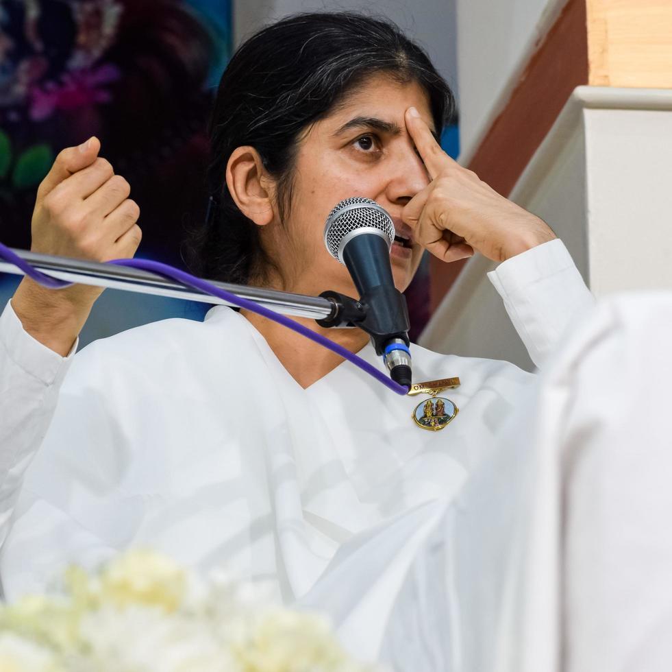 New Delhi, India, October 16 2022 - BK Shivani during meditation session, Shivani Verma, better known as BK Shivani, is a teacher in the Brahma Kumaris spiritual yoga and meditation movement of India photo