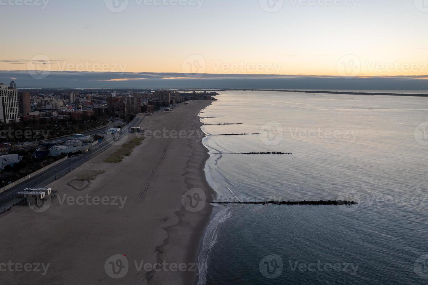 Aerial view along Coney Island in Brooklyn, New York at sunrise. photo