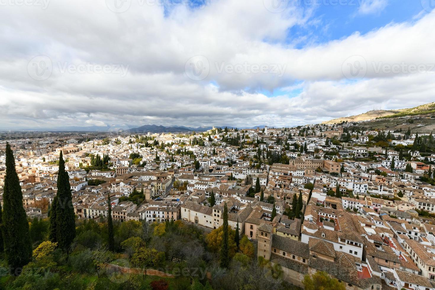 Panorama of El Albayzin district in Granada, Andalusia, Spain, pictured from the Torre del Cubo in the Alacazaba Fortress. photo