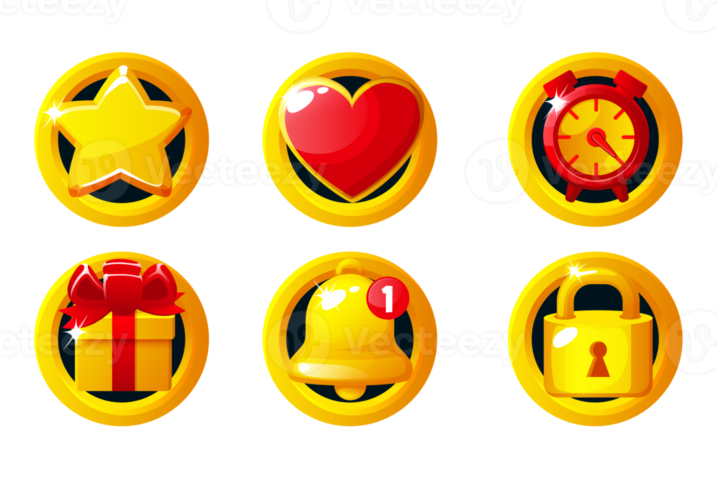 einstellen von golden Spiel Symbole- Stern, Herz, Uhr, Geschenk Kasten, Glocke und sperren. Spiel App Symbole png