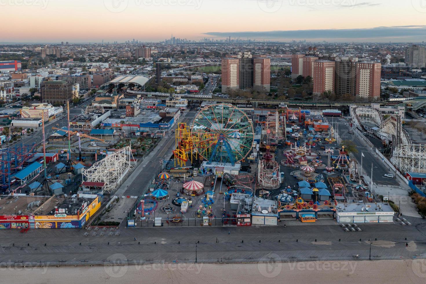 Aerial view along Coney Island in Brooklyn, New York at sunrise. photo