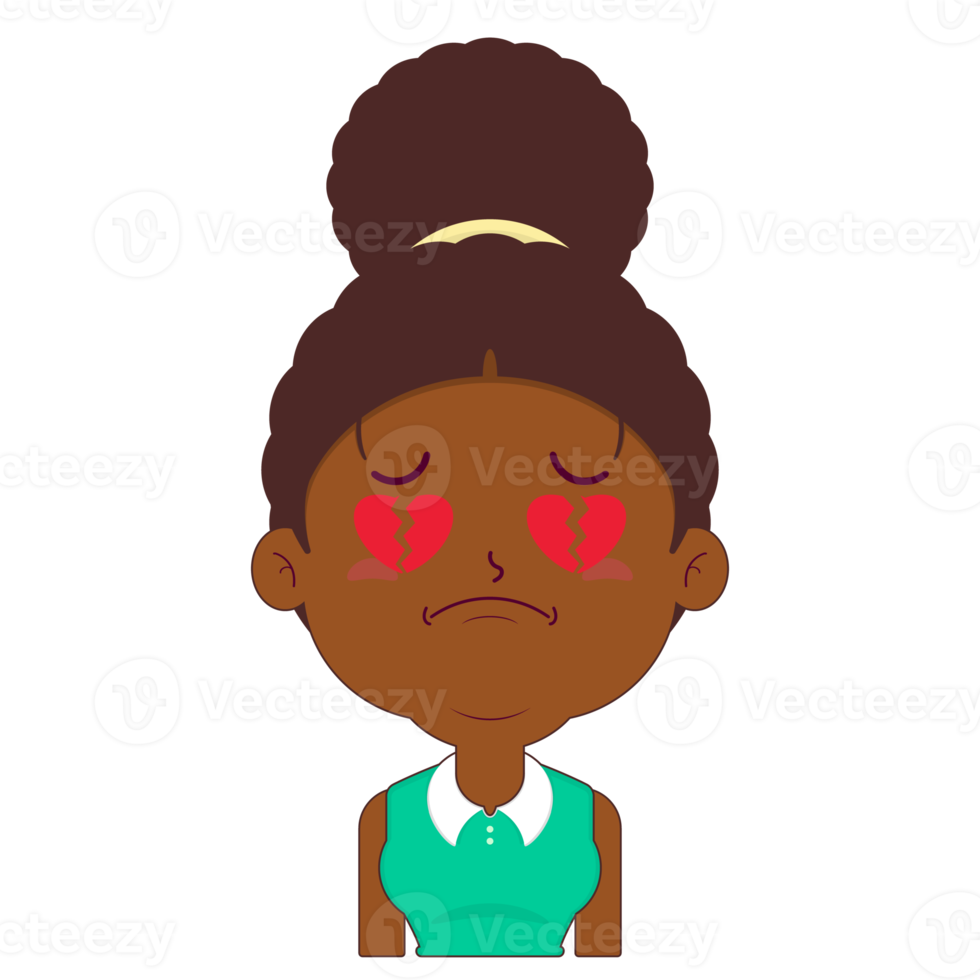 mulher afro coração partido rosto desenho animado fofo png
