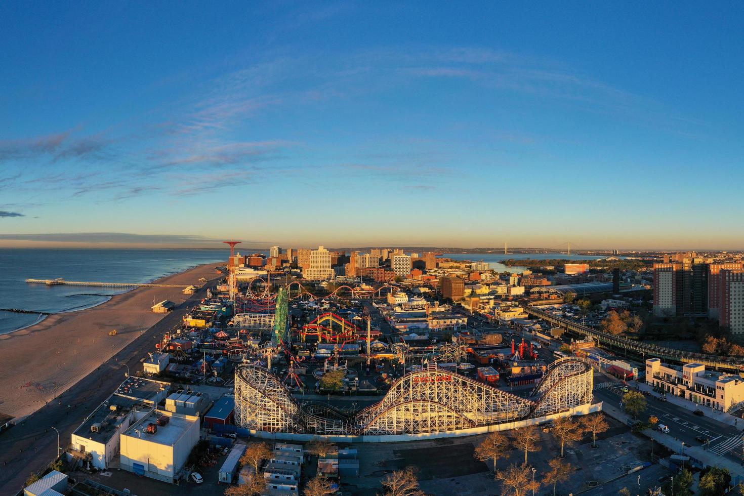 New York - October 28, 2021, Aerial view along Coney Island in Brooklyn, New York at sunrise. photo