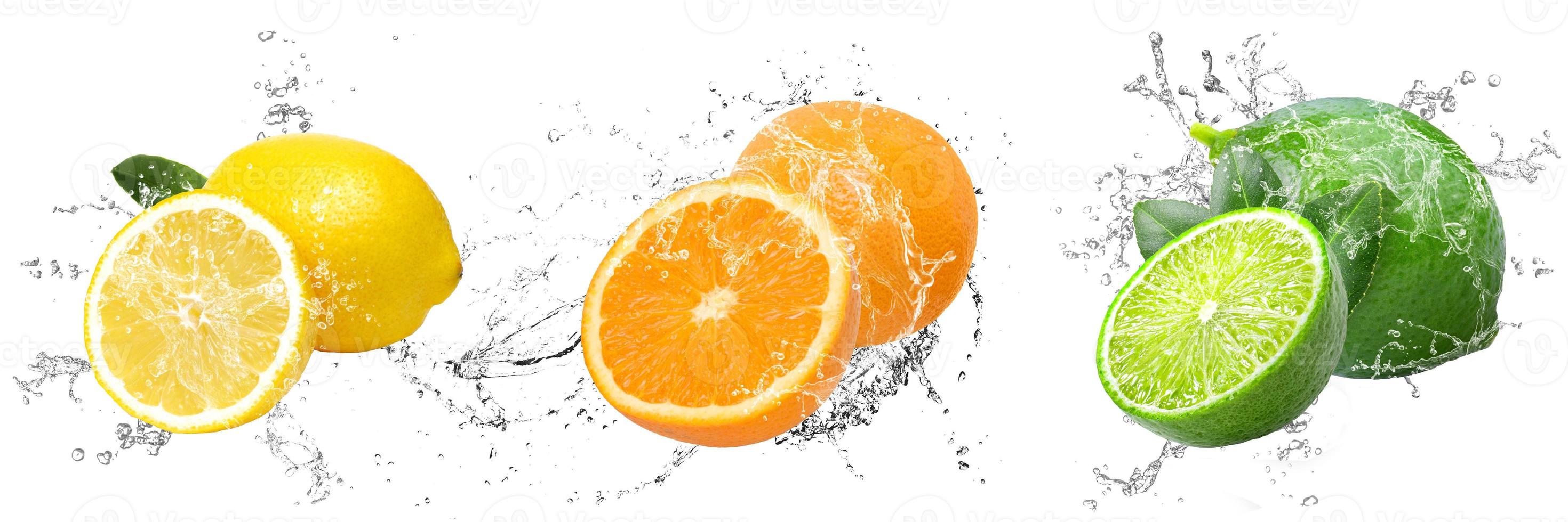 Fresh Fruits Render Graphic with water splash on isolated white background for kitchen, lemon, orange and lime photo