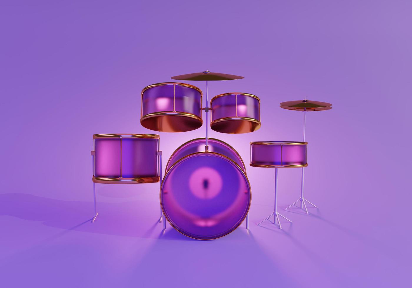 3D drum set, music sound for live musicians with neon style lights. The concept for live music audio. 3d render illustration photo