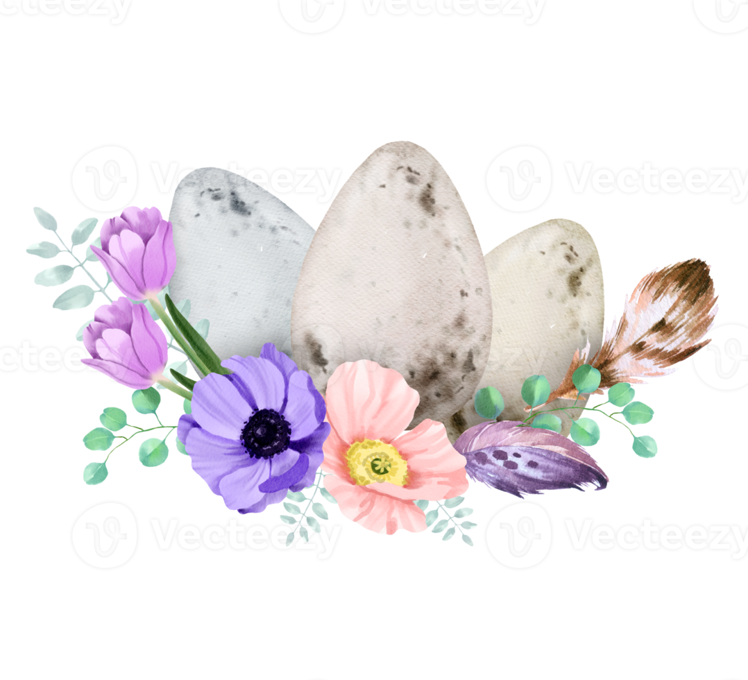 Easter Eggs with spring flower bouquet watercolor png