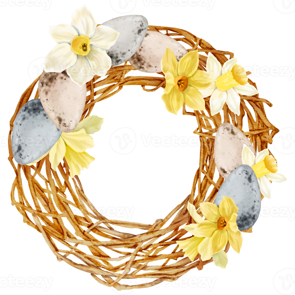 Easter eggs wreath watercolor with daffodils flower png