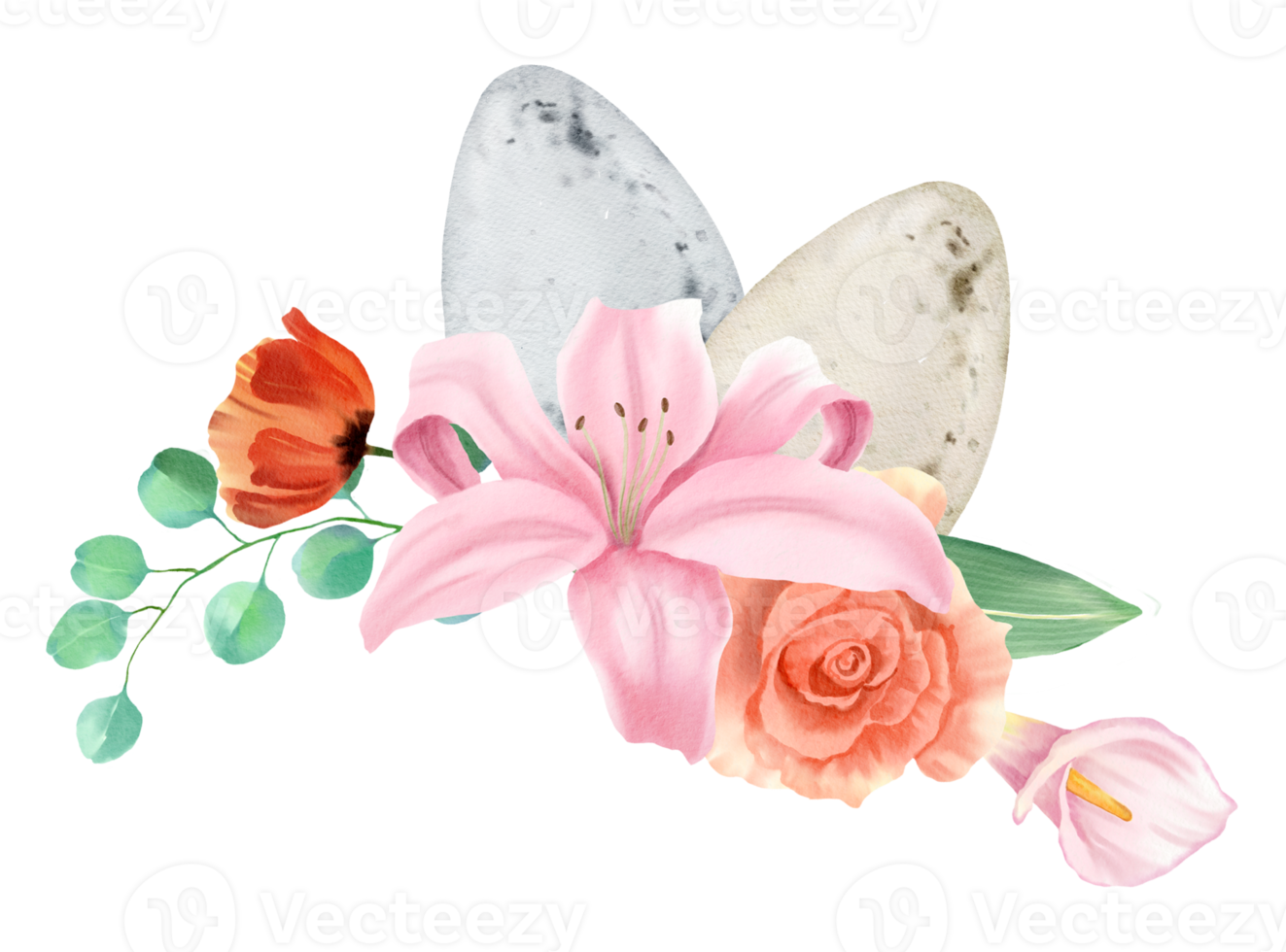 Easter Eggs with spring flower bouquet watercolor png