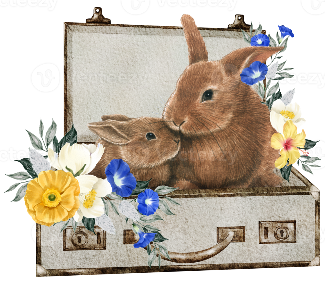 Spring floral watercolor with cute bunny animal png