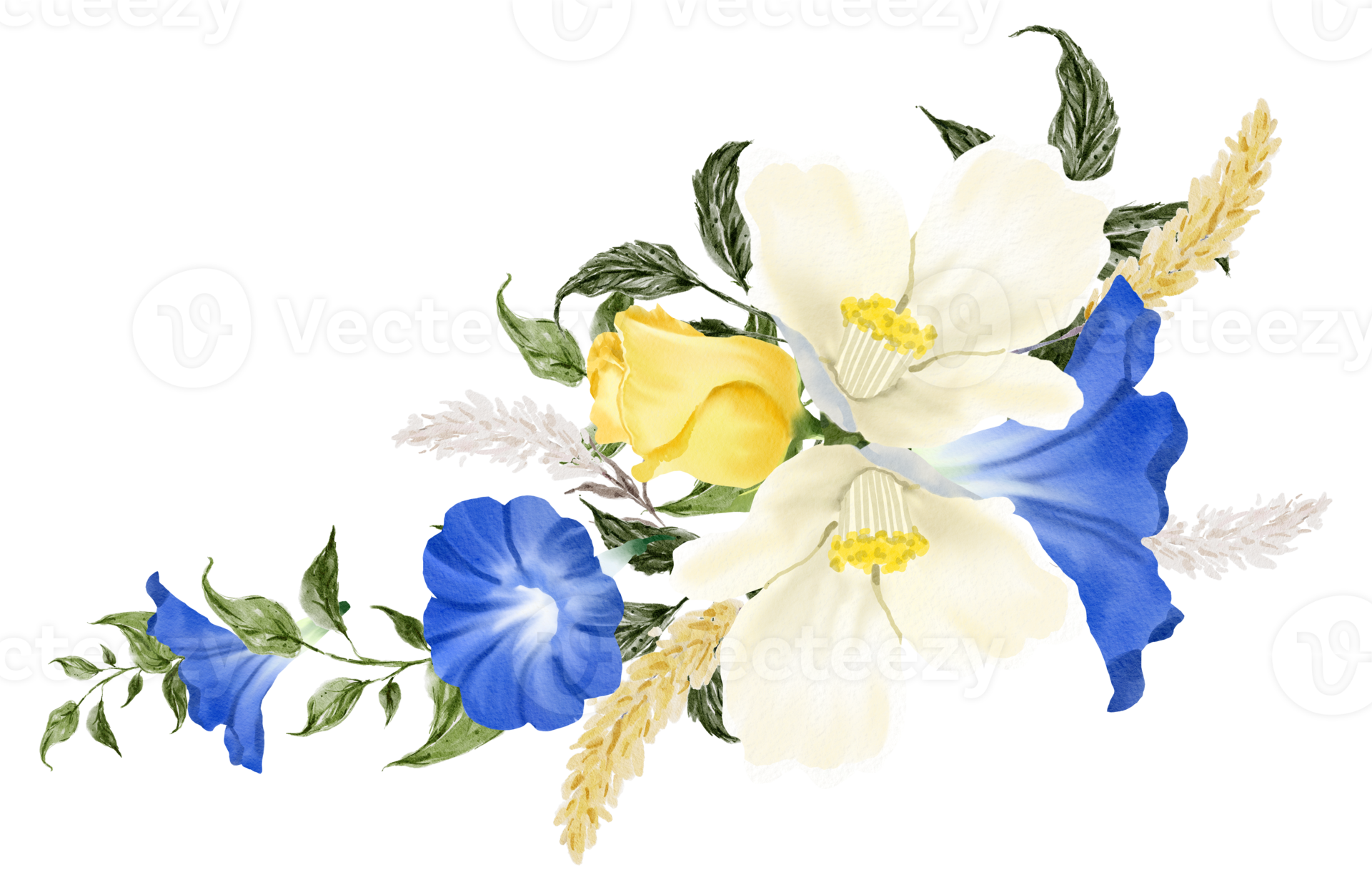 Spring floral bouquet watercolor blue and yellow flower blooming