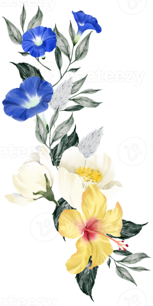 Spring floral bouquet watercolor blue and yellow flower blooming png