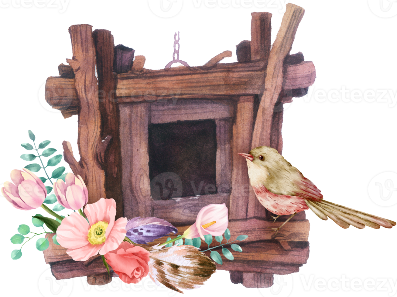 Birdhouse with spring flower watercolor png